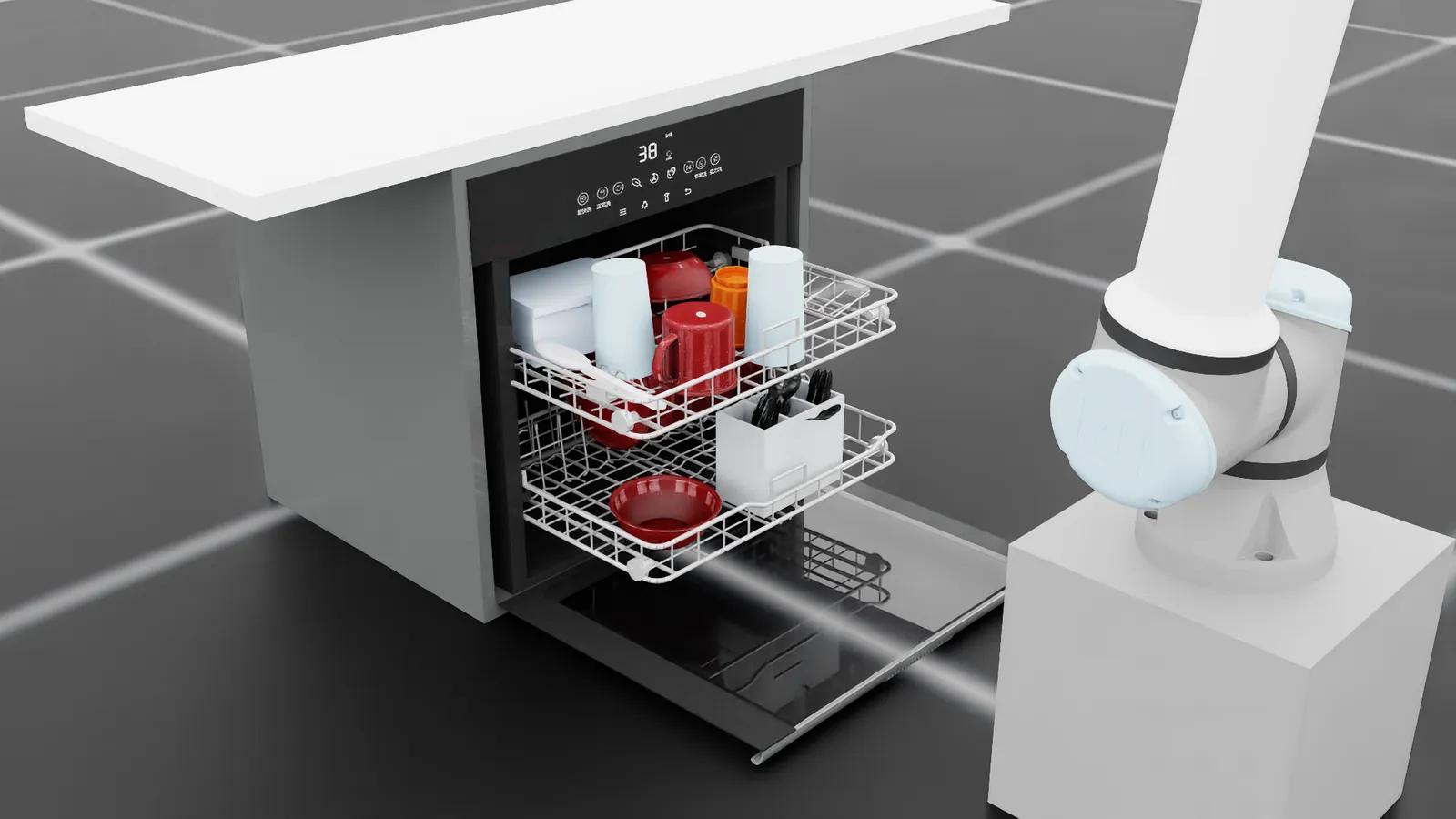 Isometric render of the simulated dishwasher with its door open and both racks pulled out, loaded with cups, a red mug and red bowls, with a cutlery basket in the lower rack.