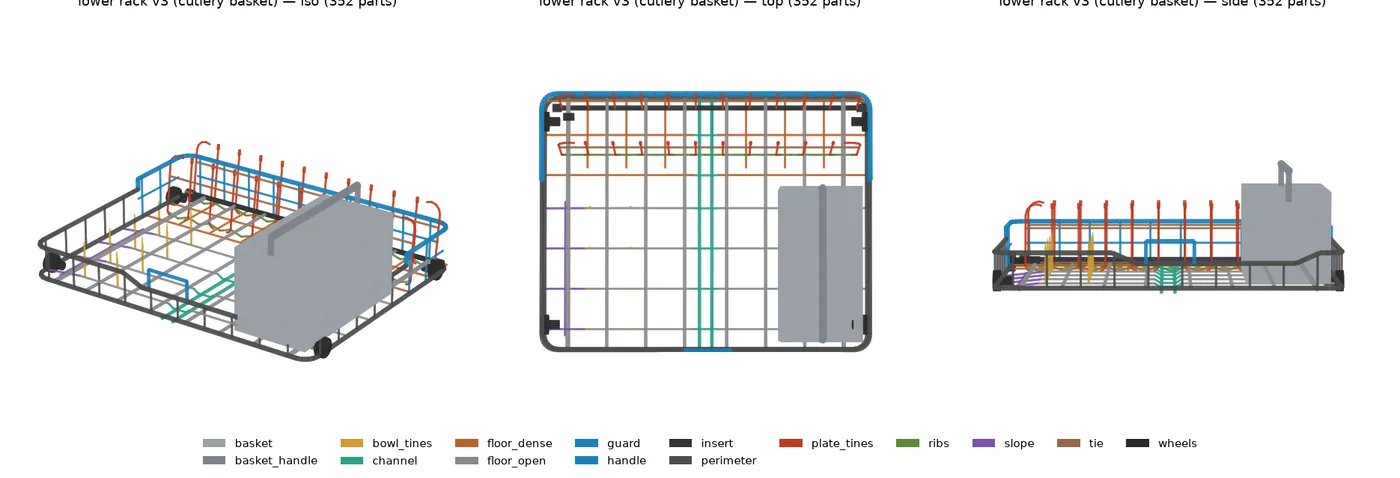 Three views of the lower dishwasher rack with its cutlery basket, iso, top and side, with the rack's parts colour-coded by role: plate tines, bowl tines, floor wires, guard, handle and wheels.
