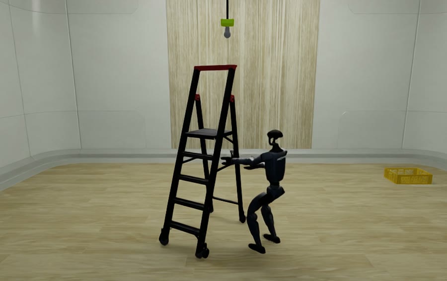 The G1 crouching beside an A-frame ladder and gripping it to move it under the ceiling fixture.