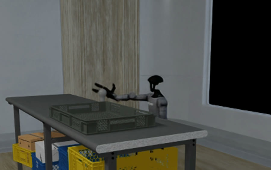 The G1 standing behind a workbench and reaching for the fresh bulb with one hand; storage crates sit under the table.